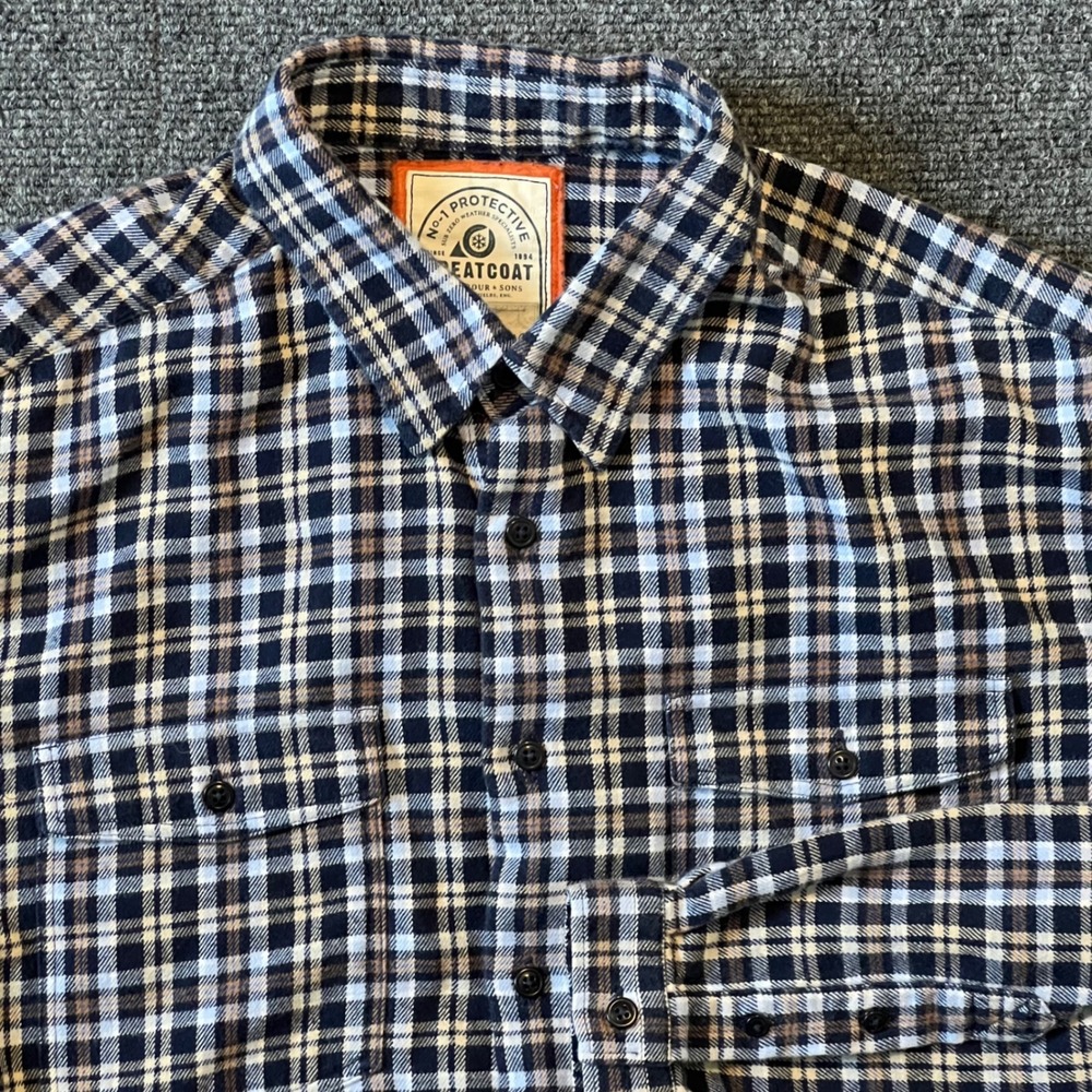 Barbour Greatcoat Mens Flannel Plaid Button Down Shirt Navy Blue White Large